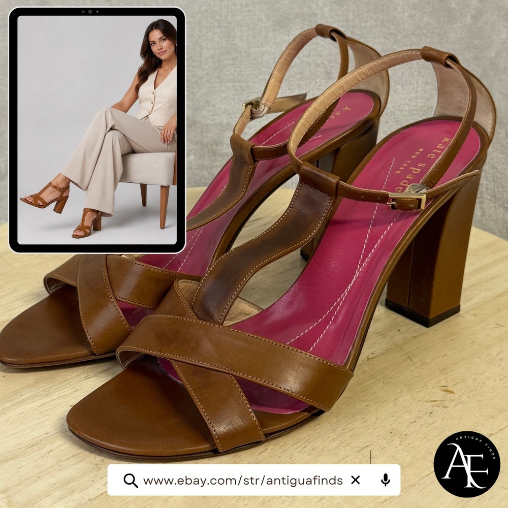 Kate Spade New York Brown Leather T-Strap Block Heel Sandals Made in Italy 8B